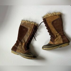 Sorel Cate the Great brown patch work boots in brown fur lined tall waterproof